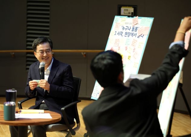 18일 오전 경기도청 대강당에서 김동연 경기도지사와 31개 시.군 사회복지사들이 참석한 가운데 사회복지 공무원 맞손토크를 하고있다.