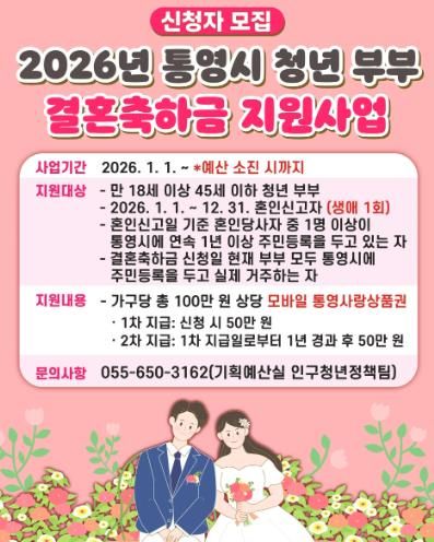 2026년 통영시 청년 부부 결혼축하금 최대 100만원 지원