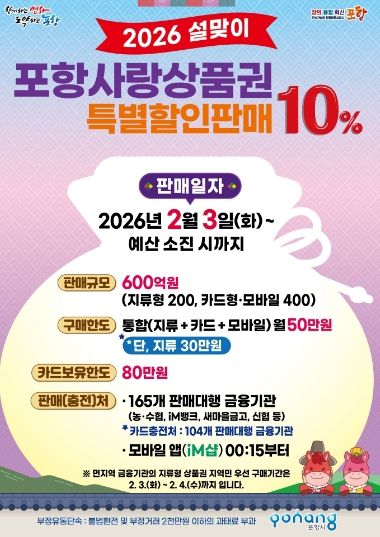 2026 설맞이 포항사랑상품권 10% 특별할인판매 포스터.