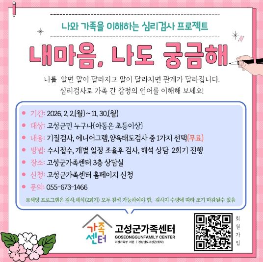 고성군가족센터, 연중 심리검사 프로젝트 ‘내마음, 나도 궁금해’ 운영