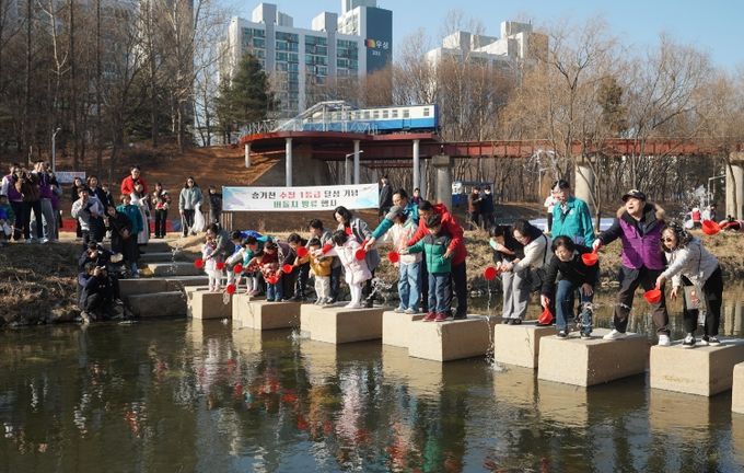 승기천 생태하천 ‘발돋움’…1급수 대표종 버들치 방류