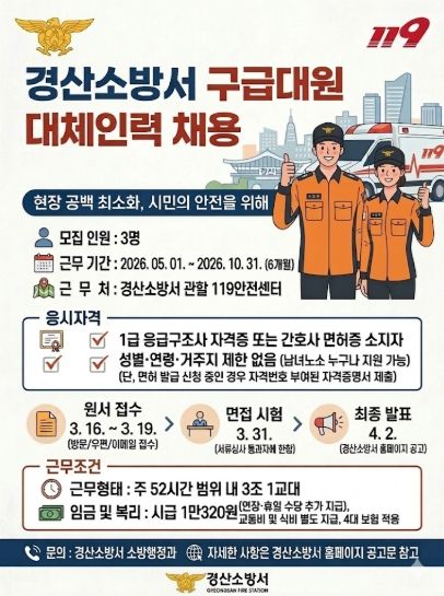 경산소방서, 기간제 119구급대원 대체인력 공개 모집