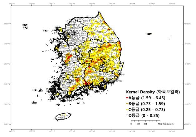 화목보일러 사용가구 Kernel Density 분석 결과 (단위: 가구수/km2)
