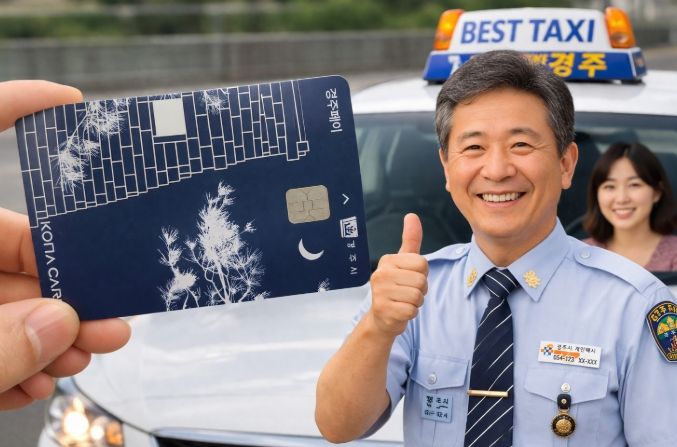 경주페이 카드로 택시요금을 결제하는 모습과 함께 택시기사가 환하게 웃으며 엄지를 들어 보이고 있다. <AI생성 이미지>